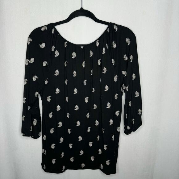GARNET HILL / black white paisley feather printed 3/4 sleeve blouse top / M - Picture 2 of 7